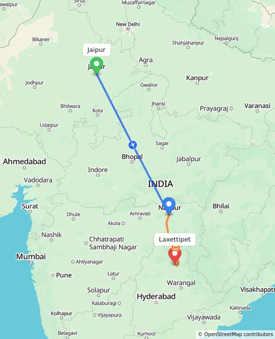 Route map showing distance and travel time from Jaipur, India to Laxettipet, India