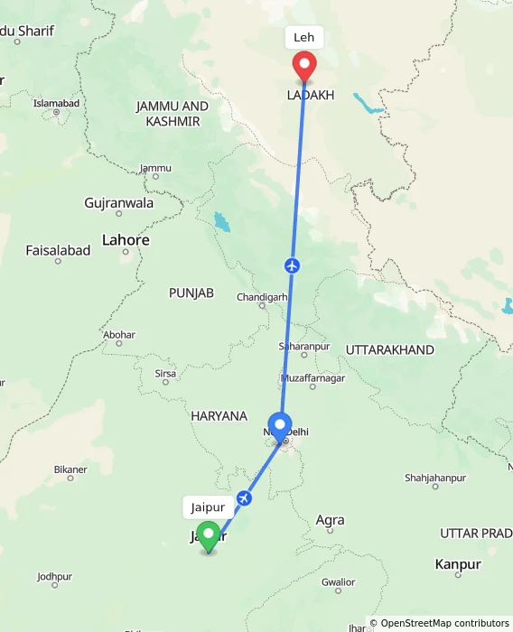 Route map showing distance and travel time from Jaipur, India to Leh, India