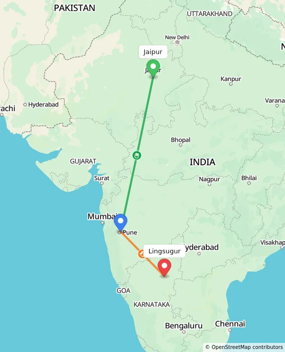 Route map showing distance and travel time from Jaipur, India to Lingsugur, India