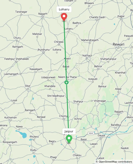 Route map showing distance and travel time from Jaipur, India to Loharu, India