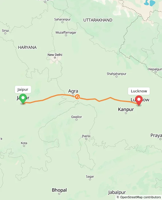 Route map showing distance and travel time from Jaipur, India to Lucknow, India