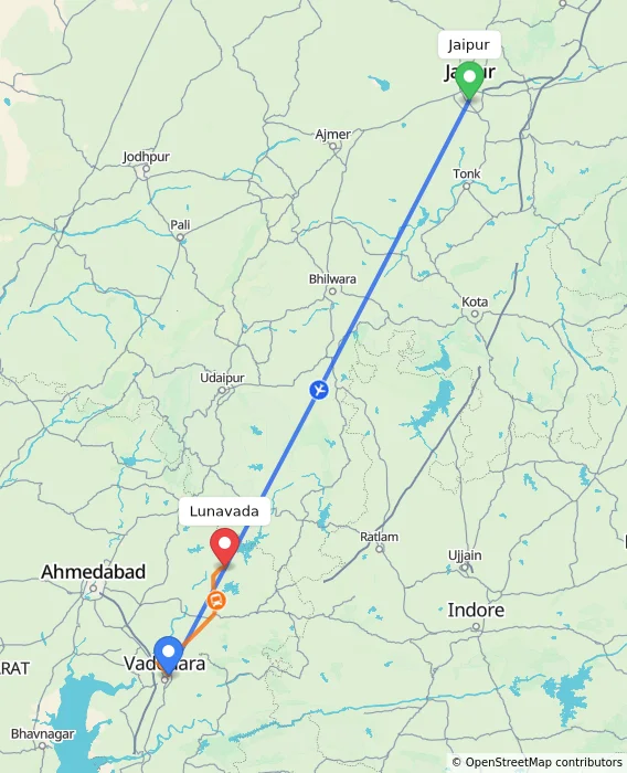 Route map showing distance and travel time from Jaipur, India to Lunavada, India