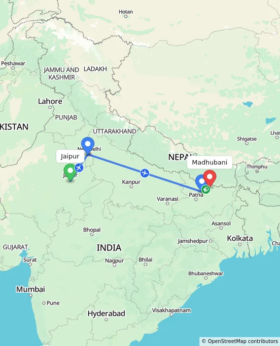 Route map showing distance and travel time from Jaipur, India to Madhubani, India