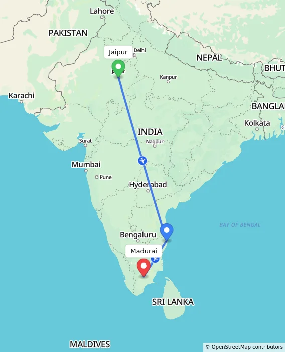 Route map showing distance and travel time from Jaipur, India to Madurai, India