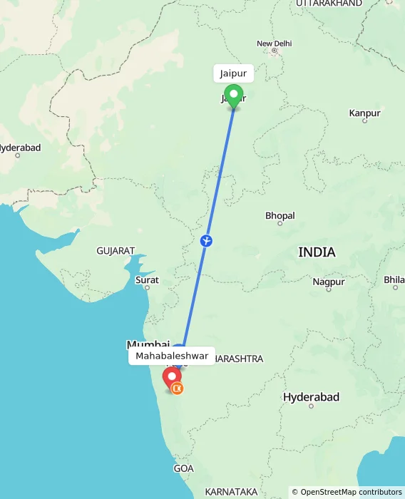 Route map showing distance and travel time from Jaipur, India to Mahabaleshwar, India