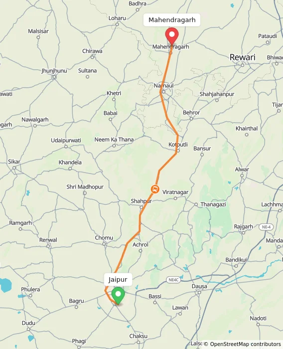 Route map showing distance and travel time from Jaipur, India to Mahendragarh, India