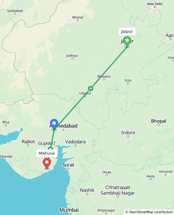 Route map showing distance and travel time from Jaipur, India to Mahuva, India