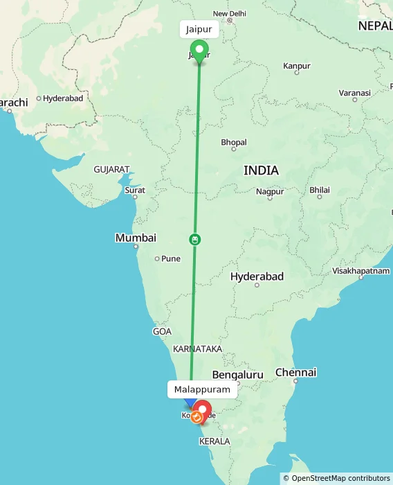 Route map showing distance and travel time from Jaipur, India to Malappuram, India