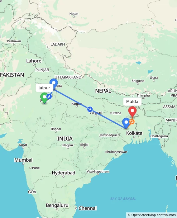 Route map showing distance and travel time from Jaipur, India to Malda, India