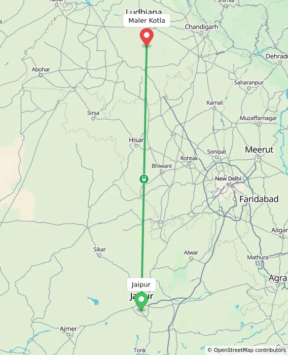 Route map showing distance and travel time from Jaipur, India to Maler Kotla, India