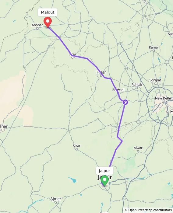 Route map showing distance and travel time from Jaipur, India to Malout, India