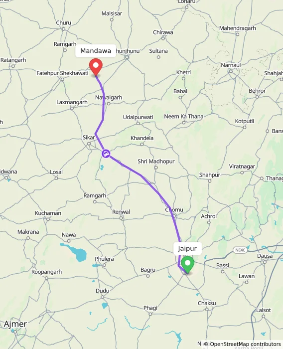 Route map showing distance and travel time from Jaipur, India to Mandawa, India