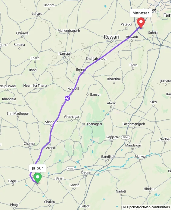 Route map showing distance and travel time from Jaipur, India to Manesar, India