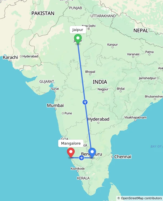 Route map showing distance and travel time from Jaipur, India to Mangalore, India