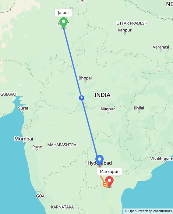Route map showing distance and travel time from Jaipur, India to Markapur, India