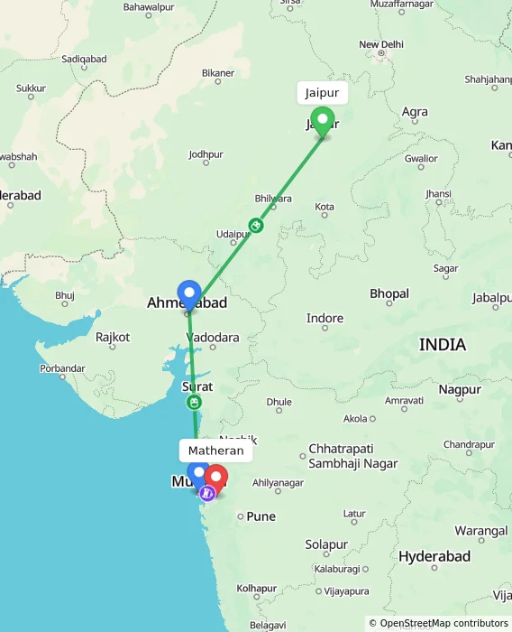 Route map showing distance and travel time from Jaipur, India to Matheran, India