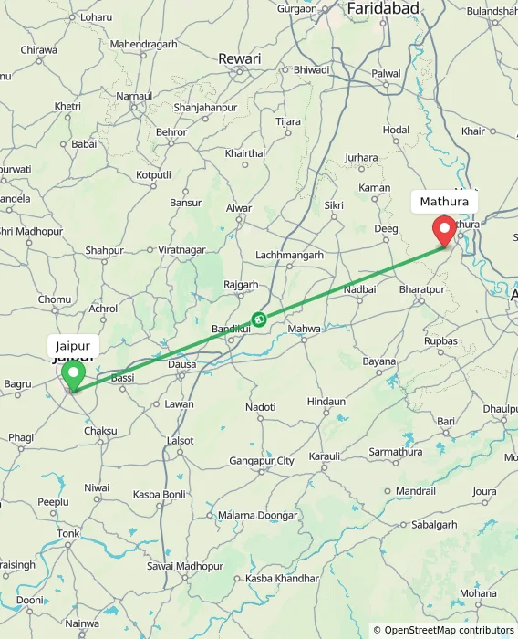 Route map showing distance and travel time from Jaipur, India to Mathura, India