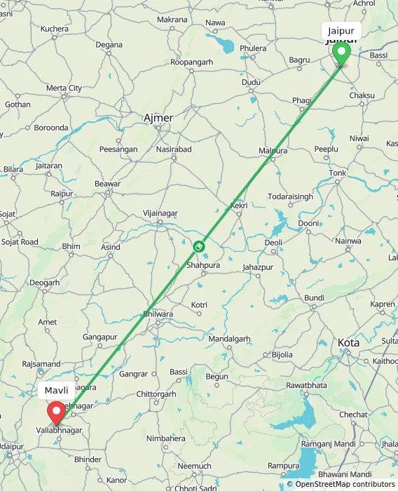 Route map showing distance and travel time from Jaipur, India to Mavli, India