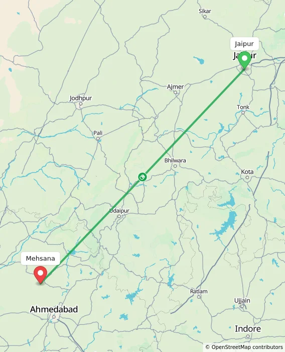 Route map showing distance and travel time from Jaipur, India to Mehsana, India