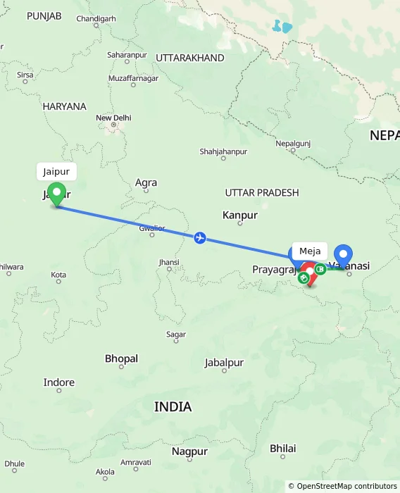 Route map showing distance and travel time from Jaipur, India to Meja, India