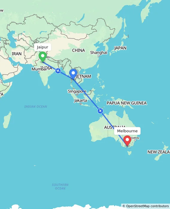 Route map showing distance and travel time from Jaipur, India to Melbourne, Australia