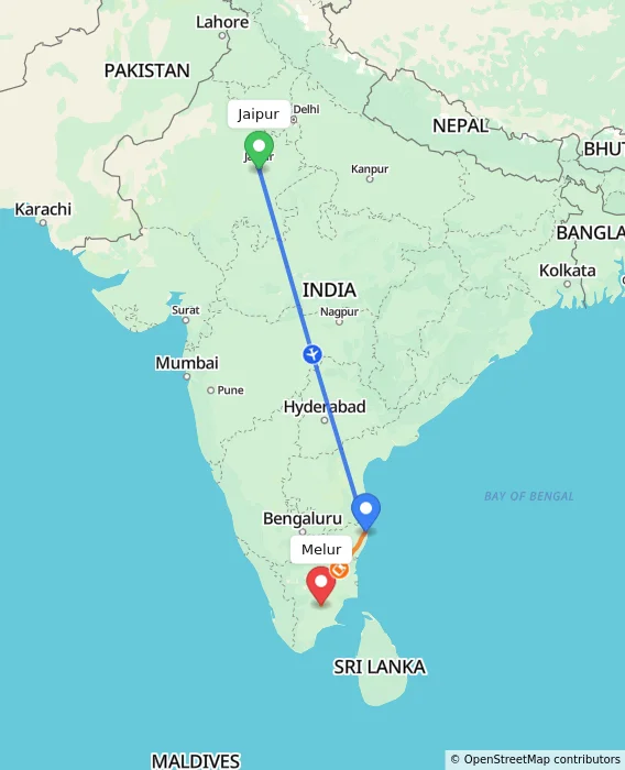 Route map showing distance and travel time from Jaipur, India to Melur, India