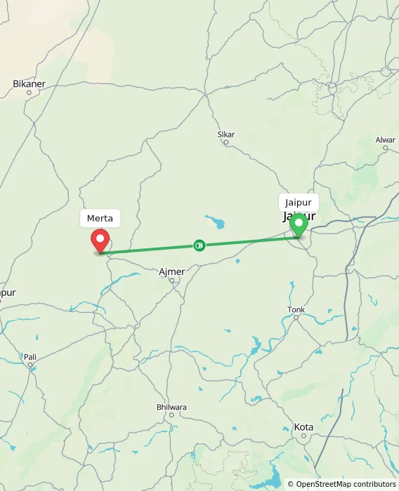 Route map showing distance and travel time from Jaipur, India to Merta, India