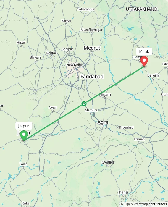 Route map showing distance and travel time from Jaipur, India to Milak, India
