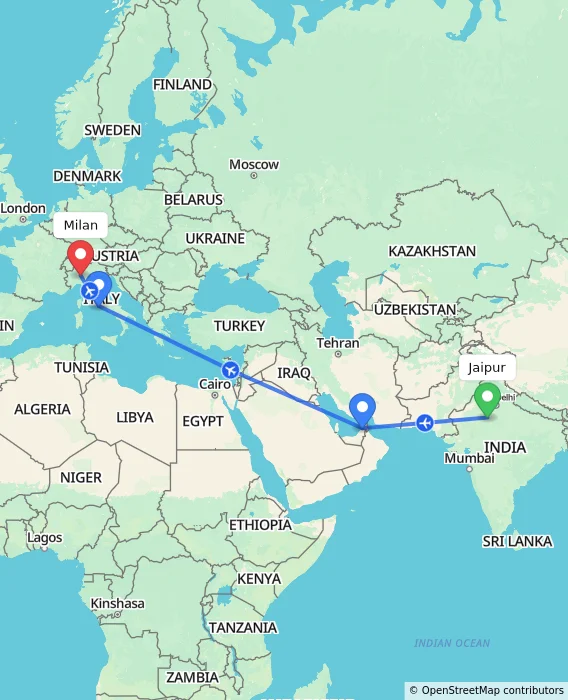 Route map showing distance and travel time from Jaipur, India to Milan, Italy