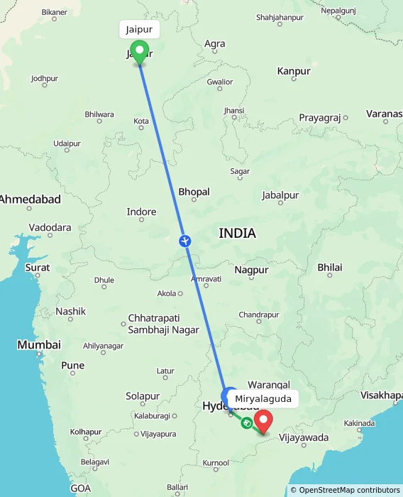 Route map showing distance and travel time from Jaipur, India to Miryalaguda, India