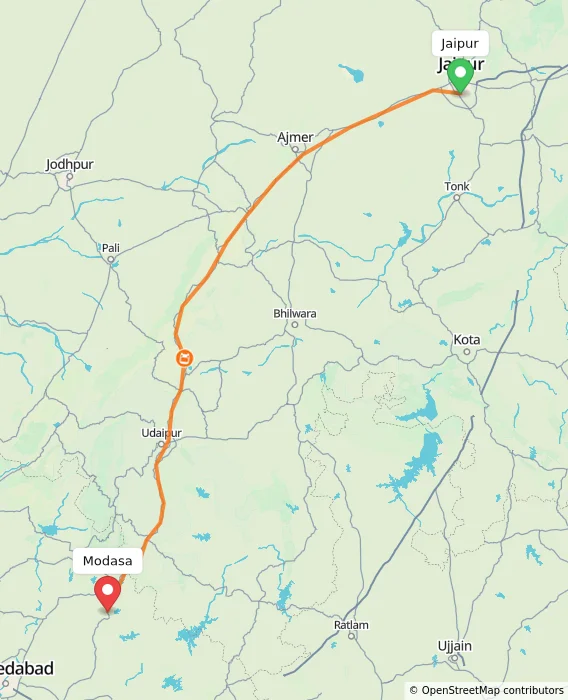 Route map showing distance and travel time from Jaipur, India to Modasa, India