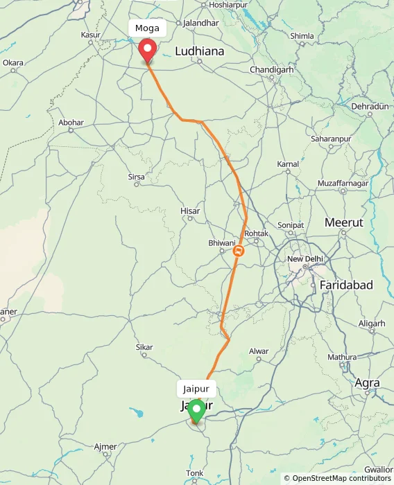 Route map showing distance and travel time from Jaipur, India to Moga, India