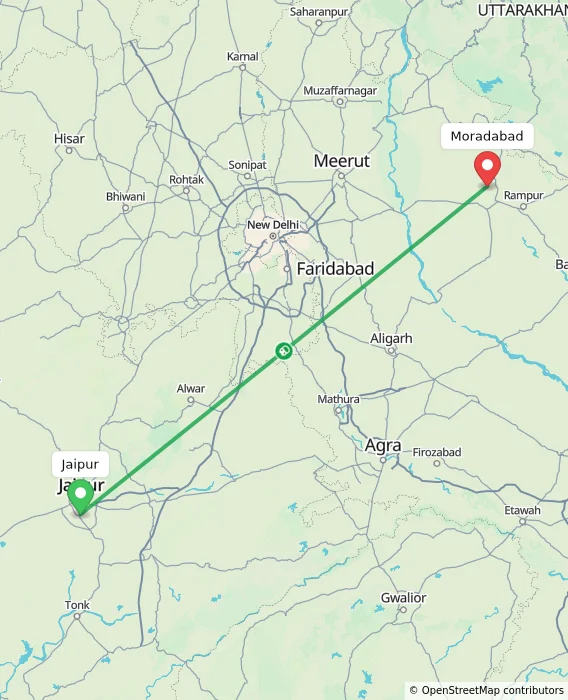 Route map showing distance and travel time from Jaipur, India to Moradabad, India