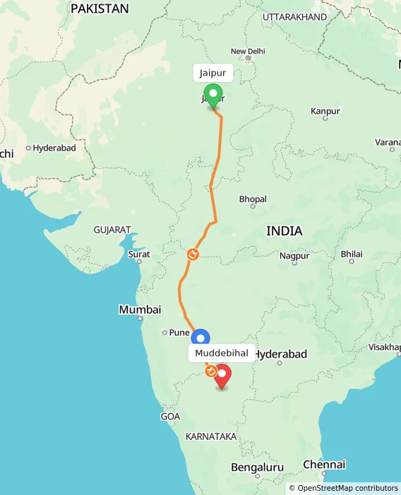 Route map showing distance and travel time from Jaipur, India to Muddebihal, India