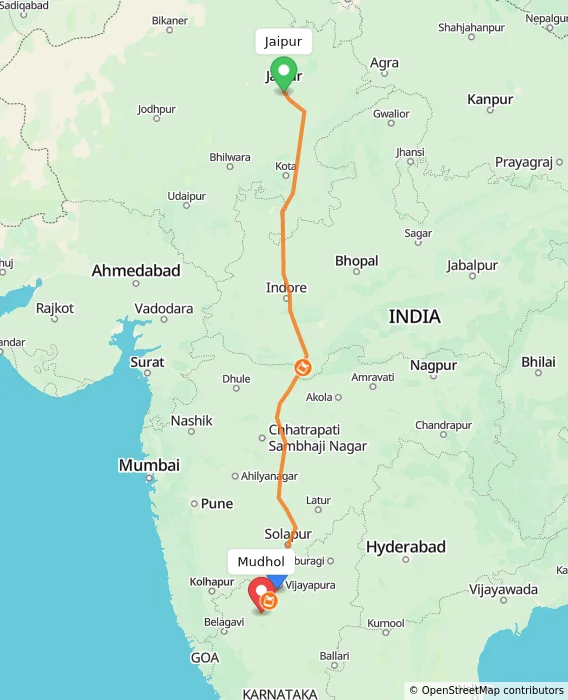 Route map showing distance and travel time from Jaipur, India to Mudhol, India