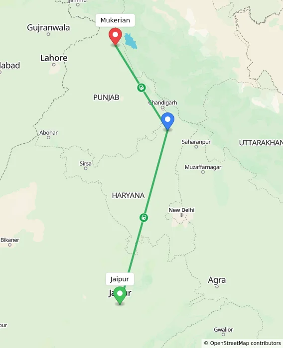 Route map showing distance and travel time from Jaipur, India to Mukerian, India