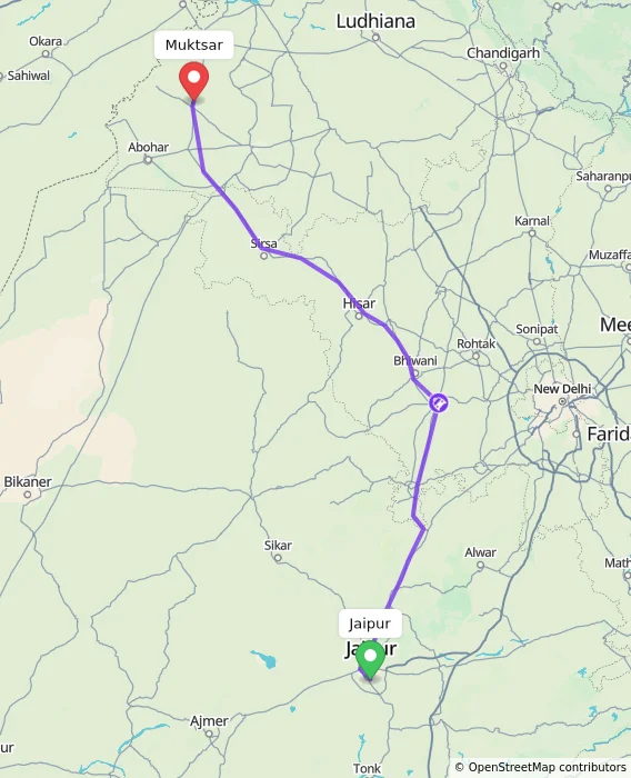 Route map showing distance and travel time from Jaipur, India to Muktsar, India