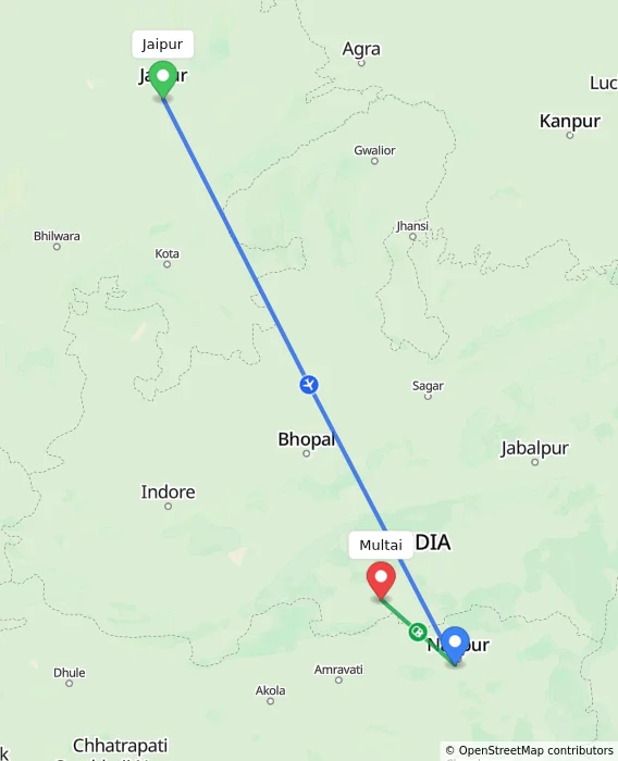 Route map showing distance and travel time from Jaipur, India to Multai, India