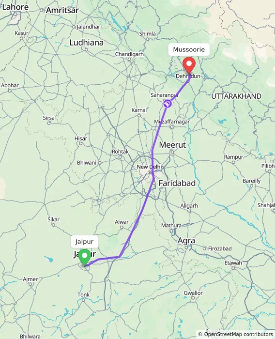 Route map showing distance and travel time from Jaipur, India to Mussoorie, India