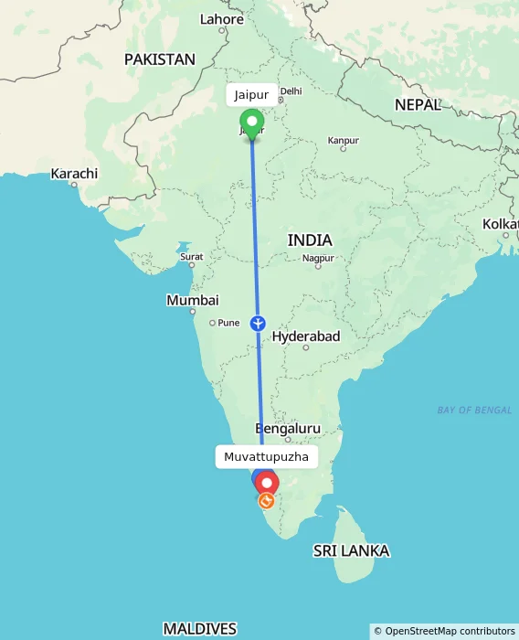 Route map showing distance and travel time from Jaipur, India to Muvattupuzha, India