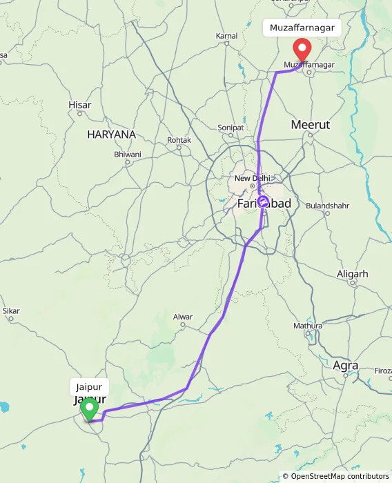 Route map showing distance and travel time from Jaipur, India to Muzaffarnagar, India