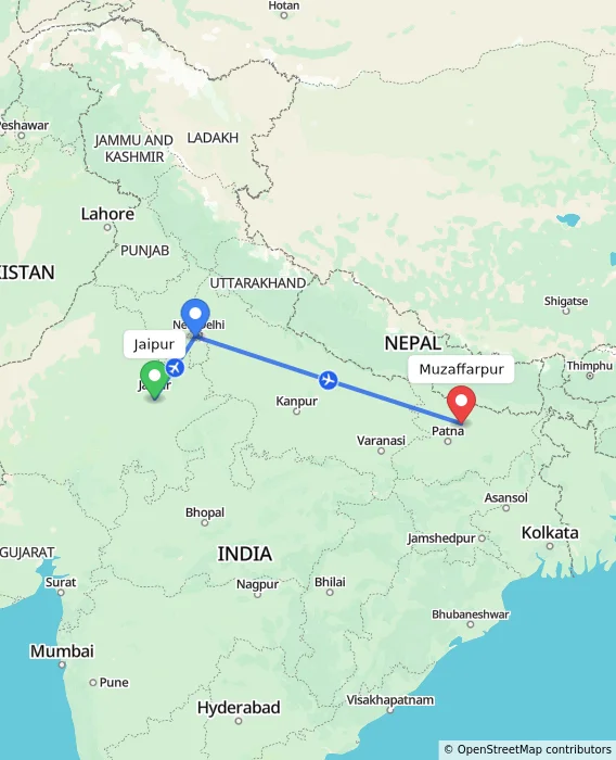 Route map showing distance and travel time from Jaipur, India to Muzaffarpur, India