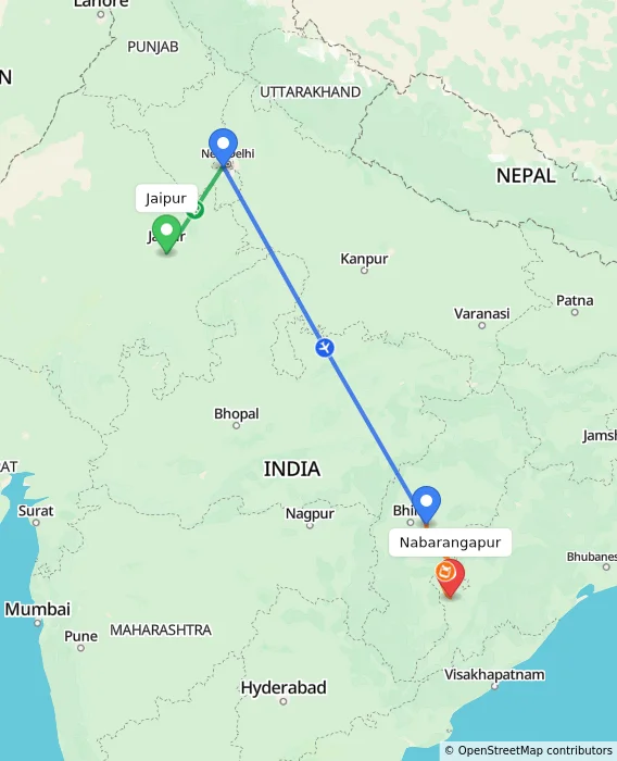 Route map showing distance and travel time from Jaipur, India to Nabarangapur, India