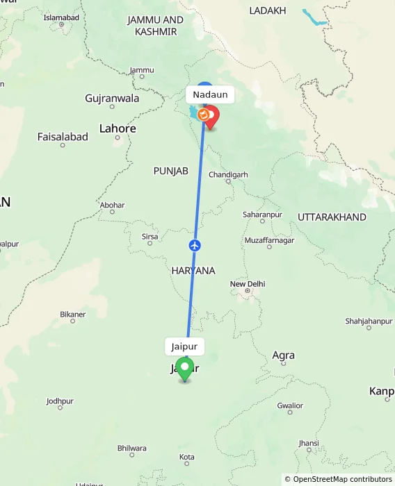 Route map showing distance and travel time from Jaipur, India to Nadaun, India