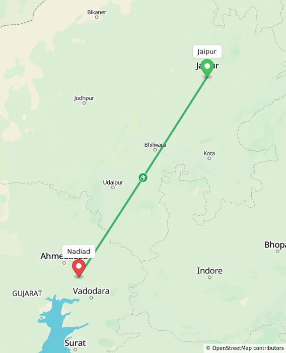 Route map showing distance and travel time from Jaipur, India to Nadiad, India