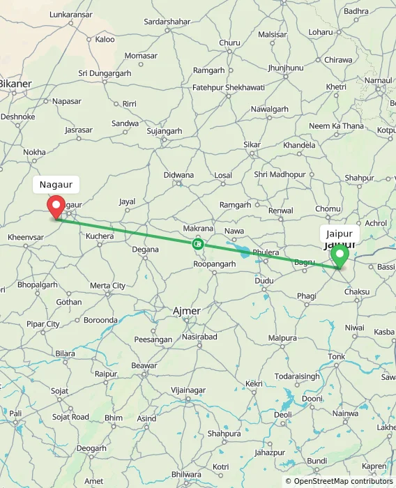 Route map showing distance and travel time from Jaipur, India to Nagaur, India