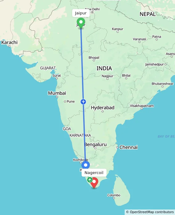 Route map showing distance and travel time from Jaipur, India to Nagercoil, India