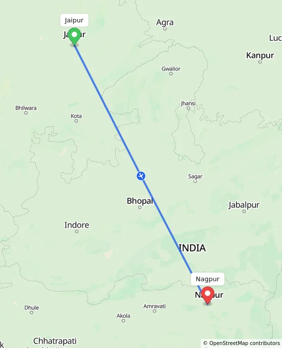 Route map showing distance and travel time from Jaipur, India to Nagpur, India