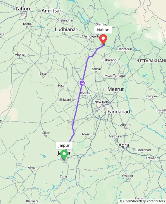 Route map showing distance and travel time from Jaipur, India to Nahan, India