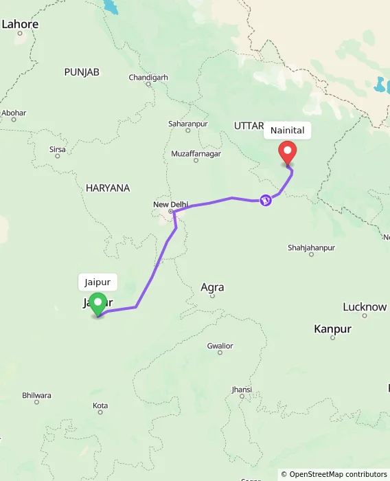 Route map showing distance and travel time from Jaipur, India to Nainital, India